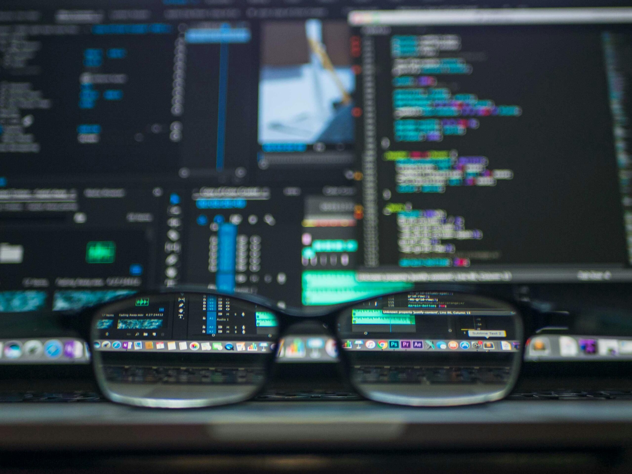 Mutliple screens in background with data and coding present. A pair of glasses sits in front.